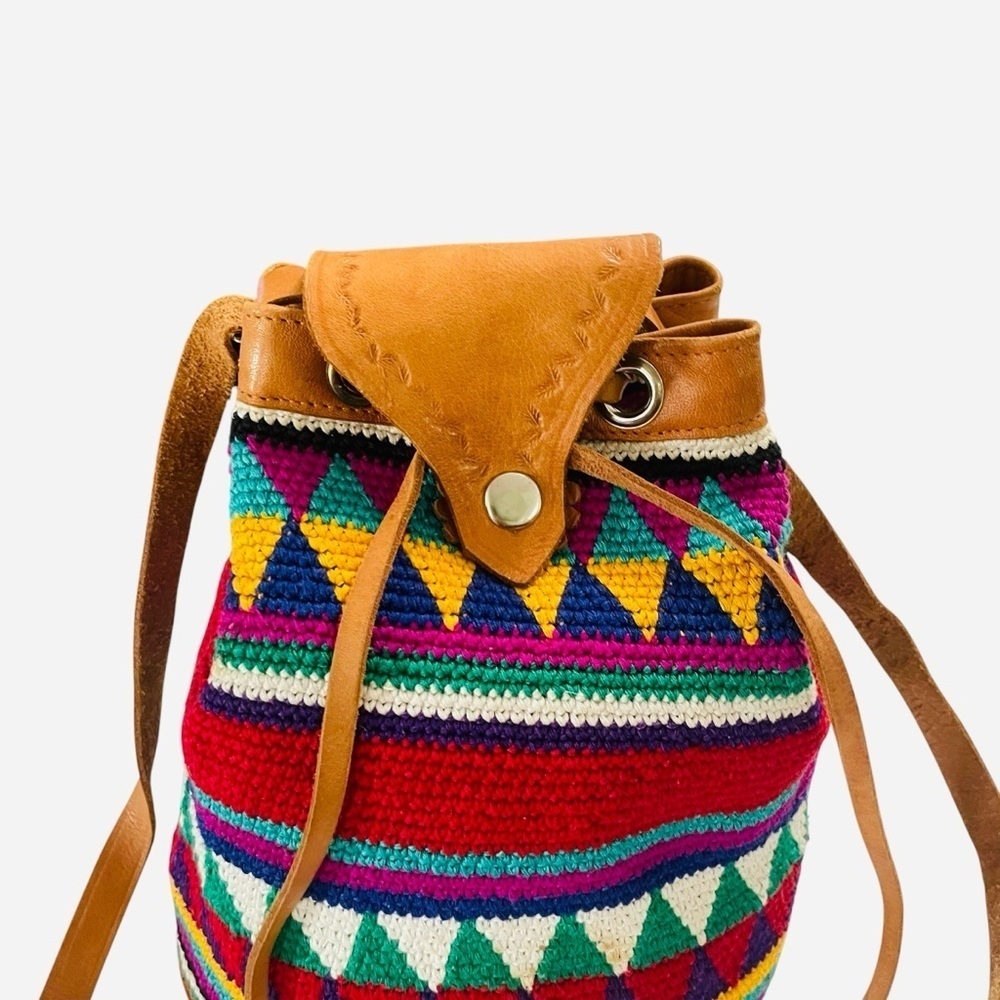 Vintage Handmade Guatemala Boho Multi Color with Leather Trim Bucket Bag - Picture 4 of 15